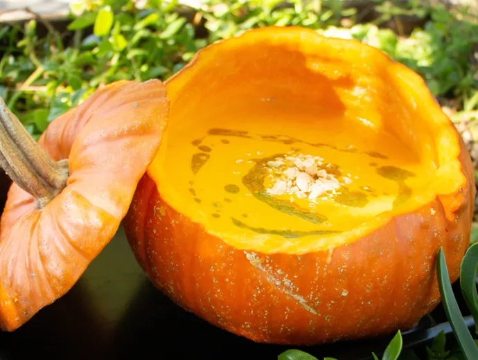 Soupe décorée avec de l’huile verte et des amandes concassées présentée dans sa courge