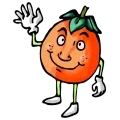 Illustration d'une orange personnifiée souriante avec une main levée